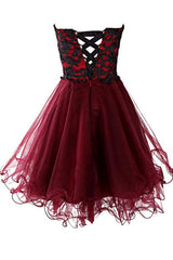 Formal Dress Outfit Ideas, Lovely Cute Appliques Burgundy Sweetheart Organza Lace Up Short Homecoming Dress