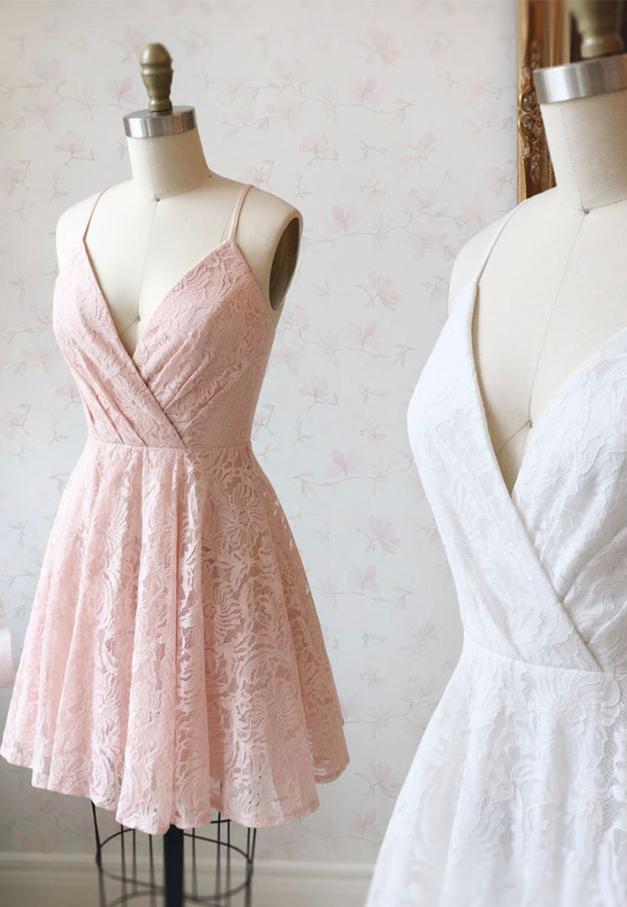 Bridesmaid Dress Blush Pink, Cute Lace Short Prom Dresses, A-Line Homecoming Dresses