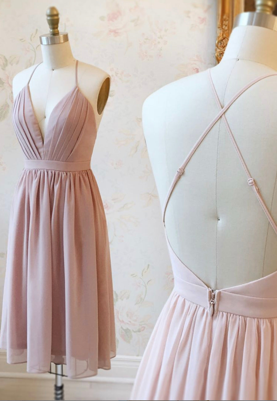 Homecoming Dress Ideas, Pink V-Ncek Chiffon Prom Dresses, A-Line Backless Short Dresses