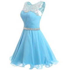 Prom Dress Patterns, Beaded Chiffon Round Neckline Short Party Dress, Blue Chiffon Homecoming Dresses