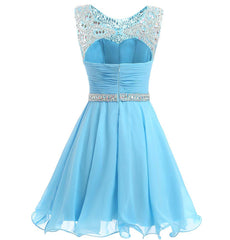 Prom Dresses With Slits, Beaded Chiffon Round Neckline Short Party Dress, Blue Chiffon Homecoming Dresses