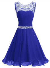 Prom Dresses Patterned, Beaded Chiffon Round Neckline Short Party Dress, Blue Chiffon Homecoming Dresses