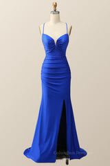 Gown Dress, Beaded Royal Blue Satin Mermaid Long Formal Dress