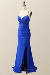 Sun Dress, Beaded Royal Blue Satin Mermaid Long Formal Dress