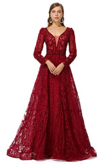 Red Gown, Beaded Wine Red Long V neck Sleeves Prom Dresses
