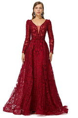 Bridesmaid Gown, Beaded Wine Red Long V neck Sleeves Prom Dresses
