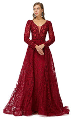 Beauty Dress Design, Beaded Wine Red Long V neck Sleeves Prom Dresses