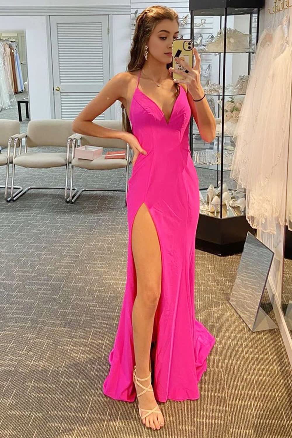 Beading Hot Pink Halter Prom Dress with Slit