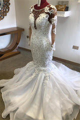 Wedding Dress Designers, Beading Mermaid Sheer Tulle Wedding Dress Appliques Long Sleeves Bridal Dress