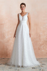 Wedding Dress Deals, Beading Pearls Lace Floor Length Straps V-Back Backless White A-Line Wedding Dresses
