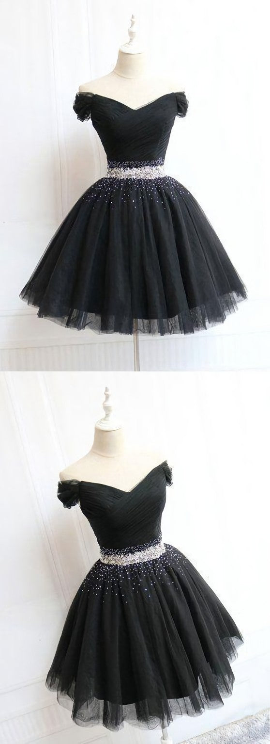 Prom Dresses Pink, Beautiful Cute Charming Black Tulle V Neck Beaded Short Dress, Black Homecoming Dress