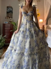Party Dress Indian, Beautiful Floral Print Chiffon Long Prom Dresses Evening Dress