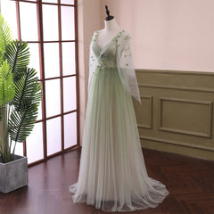 Bridesmaid Dress Beach, Beautiful Gradient Tulle Green Beaded Long Sleeves Party Dress,Green Formal Dresses