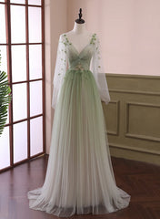 Bridesmaid Dress Style Long, Beautiful Gradient Tulle Green Beaded Long Sleeves Party Dress,Green Formal Dresses