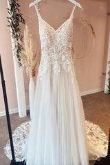 Weddings Dresses Fall, Beautiful Long A-line Backless Tulle Wedding Dresses with Appliques Lace