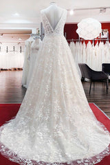 Wedding Dress Sleeve, Beautiful Long A-Line Lace Appliques Tulle Open Back Wedding Dresses