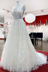 Wedding Dress Chic, Beautiful Long A-Line Lace Appliques Tulle Open Back Wedding Dresses
