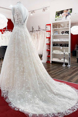 Wedding Dresses Sleeved, Beautiful Long A-Line Lace Appliques Tulle Open Back Wedding Dresses