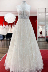 Wedding Dresses Under, Beautiful Long A-Line Lace Appliques Tulle Open Back Wedding Dresses