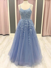 Evening Dress Gown, Beautiful Long A-line Scoop Neck Tulle Lace Formal Prom Dresses
