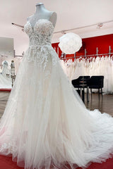 Wedding Dress For Spring, Beautiful Long A-line Strapless Tulle Ivory Wedding Dress with Appliques Lace