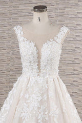 Wedding Dress Spring, Beautiful Long A-line Tulle Lace Appliques Backless Wedding Dress
