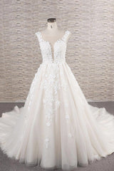 Weddings Dresses With Sleeves, Beautiful Long A-line Tulle Lace Appliques Backless Wedding Dress