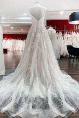 Wedding Dress Sleeve Lace, Beautiful Long A-line Tulle Lace V Neck Open Back Wedding Dresses
