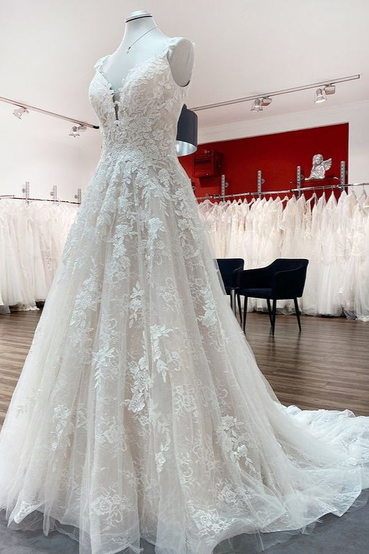 Wedding Dress For The Beach, Beautiful Long A-line Tulle Lace V Neck Open Back Wedding Dresses
