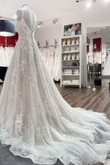 Wedding Dressed For The Beach, Beautiful Long A-line Tulle Lace V Neck Open Back Wedding Dresses
