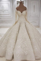 Wedding Dresses Straps, Beautiful Long Sleevess V neck Appliques Ball Gown Wedding Dress