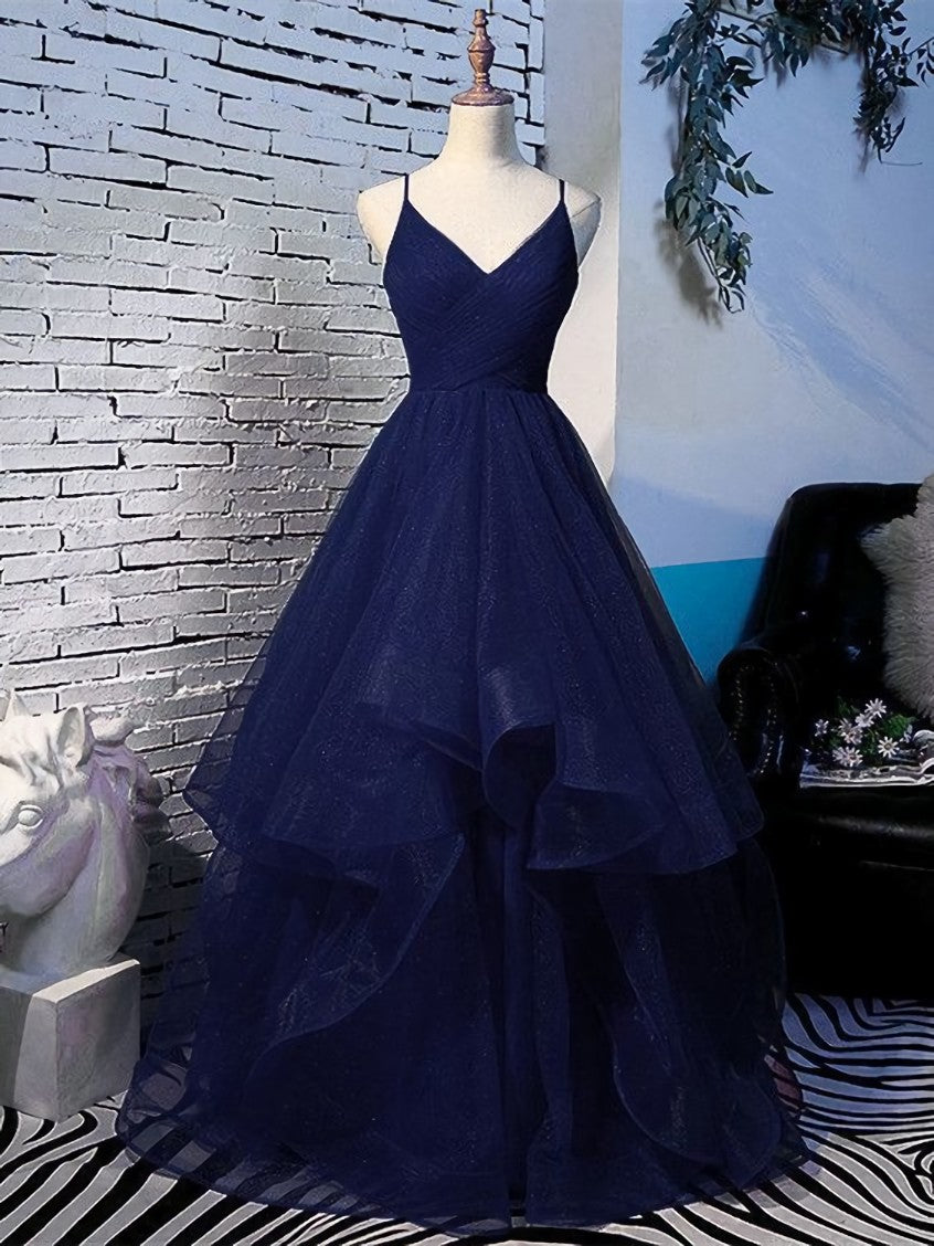 Prom Dresses Suits Ideas, Beautiful Navy Blue Tulle Straps Long Party Dress,Princess Formal Gown