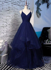 Prom Dress Shops Nearby, Beautiful Navy Blue Tulle Straps Long Party Dress,Princess Formal Gown
