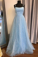 Evening Dresses Suits, Beautiful Sky Blue Tulle Star A-line Long Prom Dress, Formal Dresses,maxi dresses
