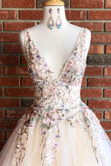 Bridesmaid Dresses Vintage, Beautiful V Neck Long Prom Dress with Floral Embroidery