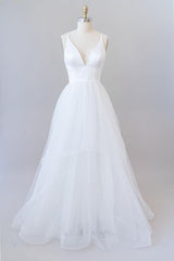 Wedding Dressing Accessories, Beautiful White Long A-line V-neck Tulle Backless Wedding Dress