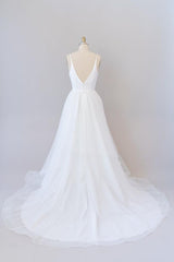Wedding Dresses Accessories, Beautiful White Long A-line V-neck Tulle Backless Wedding Dress