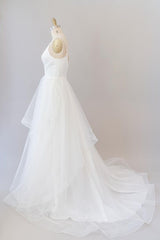 Wedding Dresses Summer, Beautiful White Long A-line V-neck Tulle Backless Wedding Dress