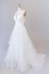 Wedding Dress Accessory, Beautiful White Long A-line V-neck Tulle Backless Wedding Dress