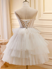 Formal Dress Modest, Beige Sweetheart Neck Tulle Puffy Short Prom Dress, Beige Homecoming Dress