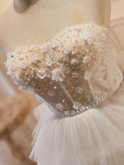 Formal Dress With Embroidered Flowers, Beige Sweetheart Neck Tulle Puffy Short Prom Dress, Beige Homecoming Dress
