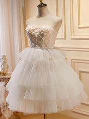 Floral Prom Dress, Beige Sweetheart Neck Tulle Puffy Short Prom Dress, Beige Homecoming Dress