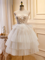 Formal Dresses For Black Tie Wedding, Beige Sweetheart Neck Tulle Puffy Short Prom Dress, Beige Homecoming Dress