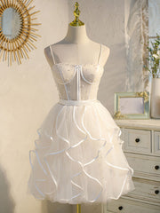 Party Dress Shiny, Beige Tulle Short Prom Dress, Mini/Short Beige Homecoming Dresses