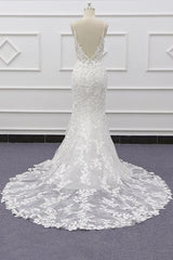 Wedding Dress Custom, Best Long Mermaid Spaghetti Strap Appliques Lace Wedding Dress