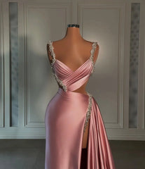 ग्लैमरस गुलाबी प्रोम ड्रेस स्वीटहार्ट स्पेगेटी स्ट्रैप विथ हाई स्लिट ट्रेल