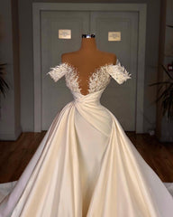 Wedding Dresses Custom, Biztunnel Charming Long A-line Off-the-shoulder Satin Lace Wedding Dresses