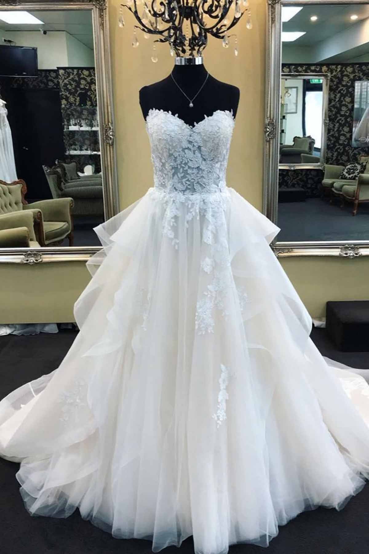 Wedding Dress Pricing, Biztunnel Long A-Line Strapless Lace Tulle Wedding Dress