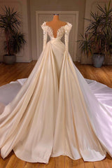 Wedding Dresses Prices, Biztunnel Long Mermaid V-neck Satin Lace Wedding Dresses with Sleeves