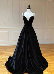 Prom Dresses For Short Girls, Black A-Line Velvet Long Prom Dresses, Black Evening Dresses